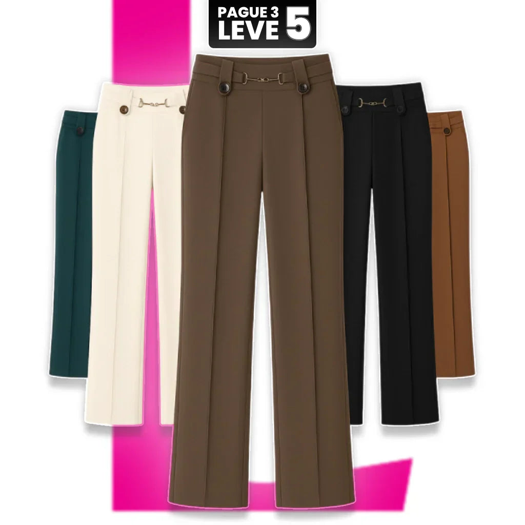 [Pague 3, Leve 5] Calças Femininas Lavina de Cintura Alta com Botões Frontais em Poliéster e Seda Gelo