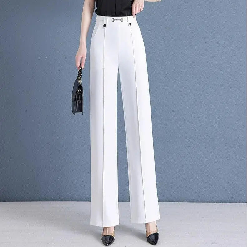 [Pague 3, Leve 5] Calças Femininas Lavina de Cintura Alta com Botões Frontais em Poliéster e Seda Gelo