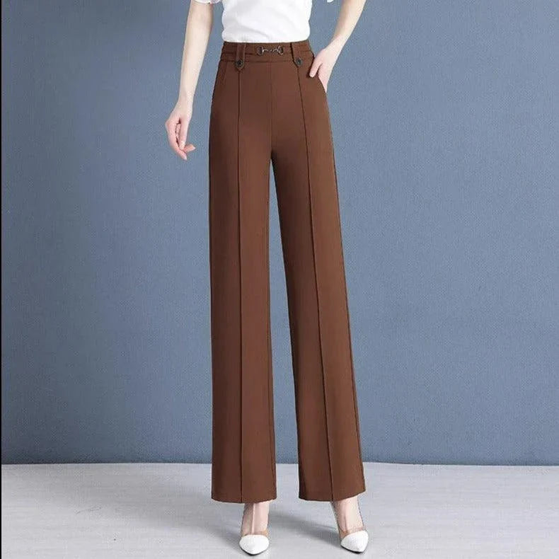 [Pague 3, Leve 5] Calças Femininas Lavina de Cintura Alta com Botões Frontais em Poliéster e Seda Gelo