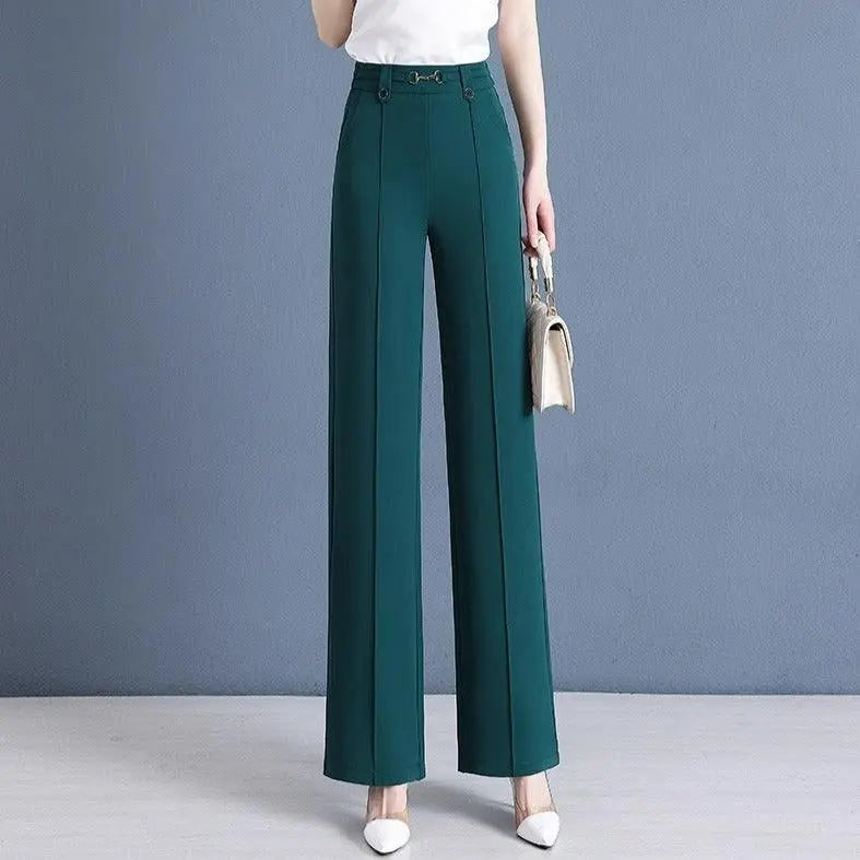 [Pague 3, Leve 5] Calças Femininas Lavina de Cintura Alta com Botões Frontais em Poliéster e Seda Gelo